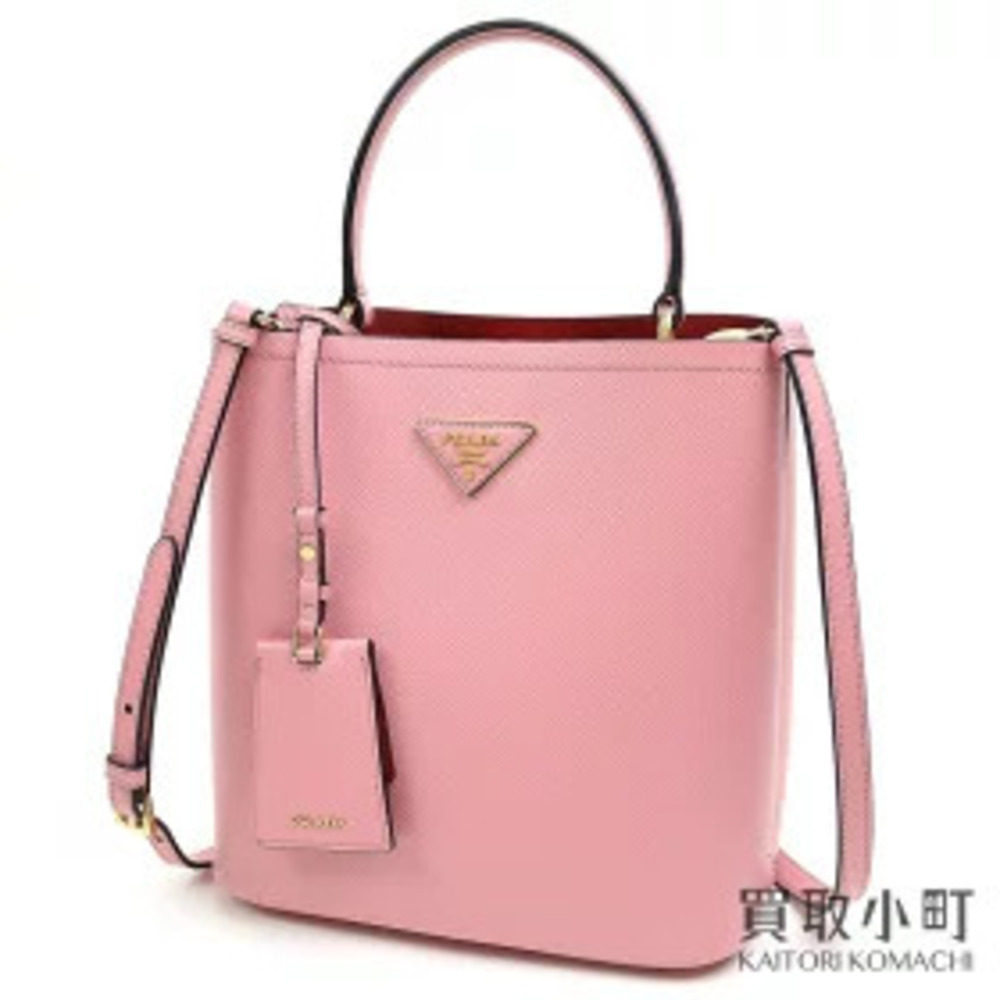 Prada Panier Saffiano Leather Bag Triangle Pink Red Shoulder Bucket CUIR